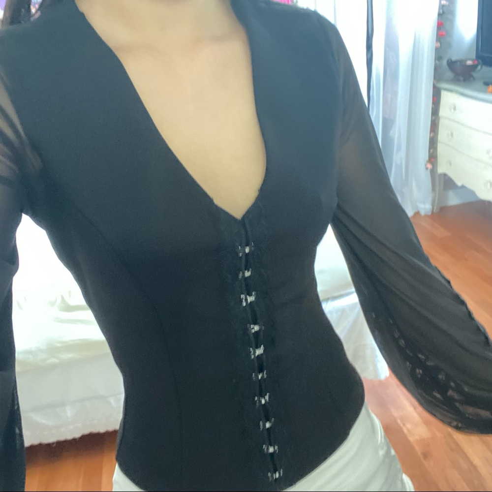 Black long sleeve top with mesh sleeves